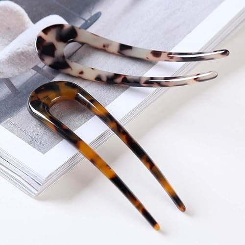 Fsmiling French Hair Pins Tortoise Shell U Shaped 2 Prong Hair Sticks Acetate Chignon Pin for Women Hairstyle Accessories 2 Pack thumbnail 5