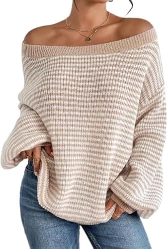 Women's Oversized Striped Sweater Casual Off The Shoulder Sweater Fall Long Sleeve Loose Knit Pullover Jumper Tops - Image 1