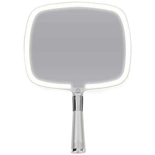 MIRRORVANA Lighted Travel Handheld Mirror - 2-in-1 Table & Hand Mirror with 3 Lighting Modes, Detachable Stand, and Comfy Handle for Make Up & Skin Care Application - 13" x 9" (Shiny Silver) - Silver - Image 1