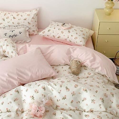 Erwinmu Floral Duvet Cover Set Twin Size,White Pink Floral Flowers Bedding Duvet Cover with Zipper Closure,Soft Microfiber Comforter Cover and 1 Pillowcase thumbnail 2