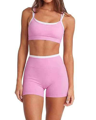SUUKSESS 2 Piece Workout Sets Layered Sports Bra Yoga Gym Biker Shorts - Image 1
