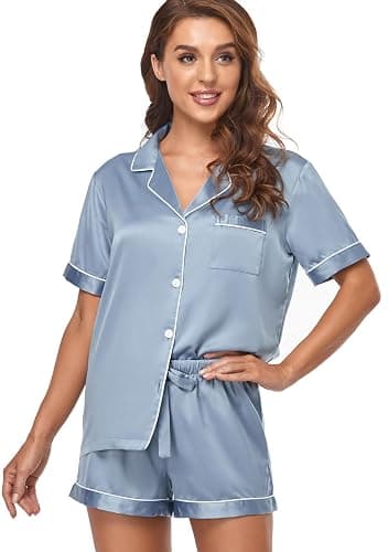 Serenedelicacy Women's Satin Pajama Set 2-Piece Sleepwear Loungewear Button Down Short Sleeve Silky PJ Set thumbnail 3