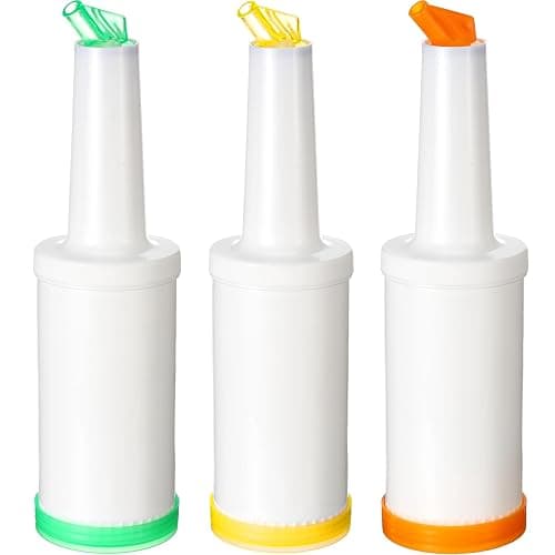CHENGU 3 Pcs Bar Pour Colorful Juice Pouring Bottle Containers 34 oz Plastic Juice Dispensers for Bar Home Party Kitchen Supplies (Green,Yellow,Orange) - Image 1