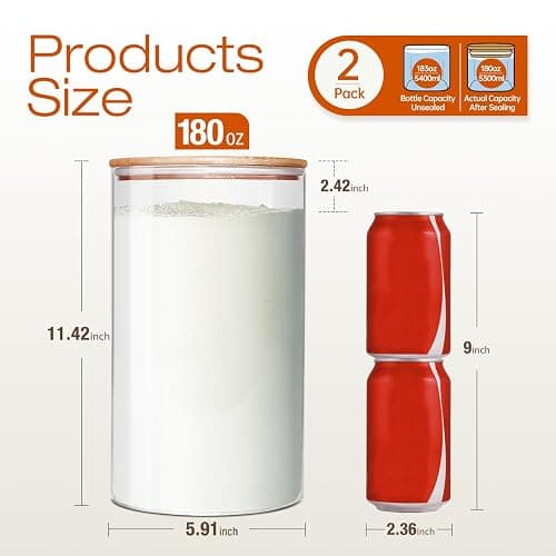 HomArtist Large Glass Flour and Sugar Containers 180oz x2 [Set of 2], Glass Food Storage Containers with Bamboo Lids, Glass Jar with Airtight Lids for Spaghetti Pasta,Rice,Cereal,Candy,Coffee, Oat thumbnail 3