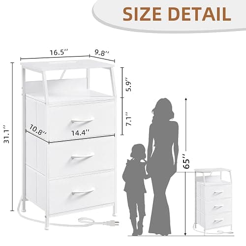 Somdot White Nightstand with Charging Station and LED Light for Bedroom, Tall 3 Drawers Dresser with Fabric Bins for Bedside Kids Dorm Room Closet Laundry Entryway, White Leather - 11"D x 16.5"W x 31.1"H (3 Drawers) - White Leather thumbnail 3