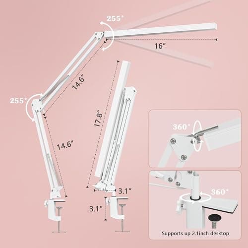 BZBRLZ LED Desk Lamp, Manicure Table Lamp, 16" Lamp Head, Dimmable Eye-Caring Drafting Light with 3 Color Modes, 10 Brightness Levels & Adapter, Memory Function(White) thumbnail 2