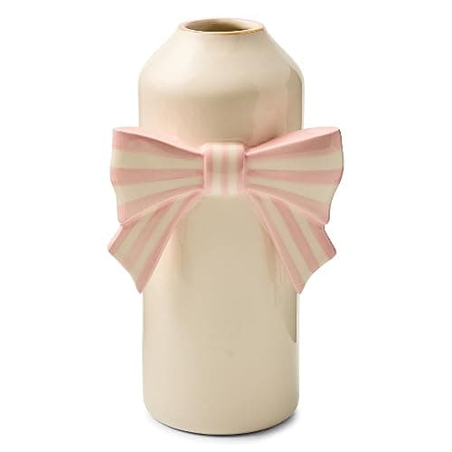 MACKENZIE-CHILDS Ceramic Vase, Unique Flower Vase, Table Decor for Living Room, Pink-and-White Rosy Bow - Image 1