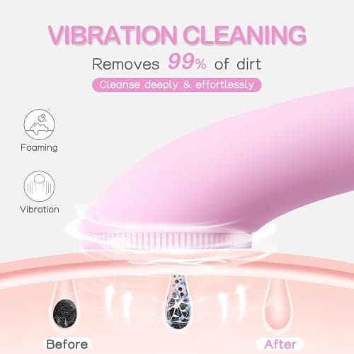 PRITECH Facial Cleansing Brush, Rechargeable Silicone Face Scrubber with Heat Massage End, Vibrating Exfoliator Scrubber for Deep Cleaning, Waterproof Face Brush for Women and Men (Pink) thumbnail 2
