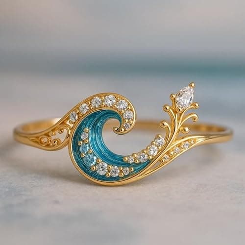 Blue Ocean Wave Ring for Women, 18K Gold Plated Wave Ring with CZ, Mermaid Coastal Jewelry Gift for Her, Sea Inspired Gold Ring, Summer Beach Aesthetic Jewelry thumbnail 2
