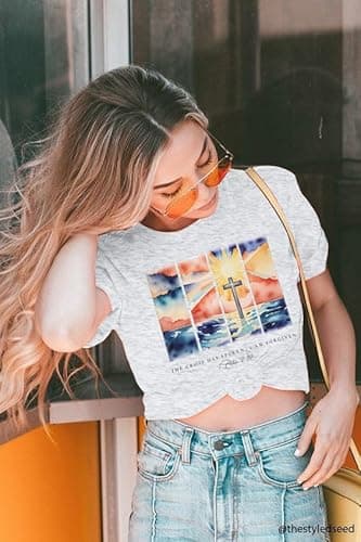 ASTANFY Christian Graphic Tees for Women: Jesus Shirt Criss Cross Tops Faith Tshirts Christian Casual Short Sleeve Shirts - B02 - Medium thumbnail 4