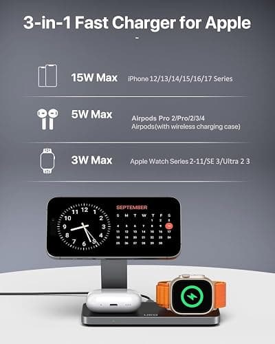 UEQ Foldable 3 in 1 Wireless Charging Station for Apple Magsafe Charger Stand,Fast Magnetic Wireless Charger Station for iPhone 17 Air 16 15 14 13 12 Series,Airpods Pro,Apple Watch Ultra (Pure Black) thumbnail 6