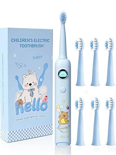 Huedbeads Kids Electric Toothbrush, Sonic Rechargeable Toothbrush with 6 Replacement Heads, Soft Bristle, IPX7 Waterproof, LED Display, Oral Care for Toddlers & Children Aged 2+ Years(Blue) - Image 1