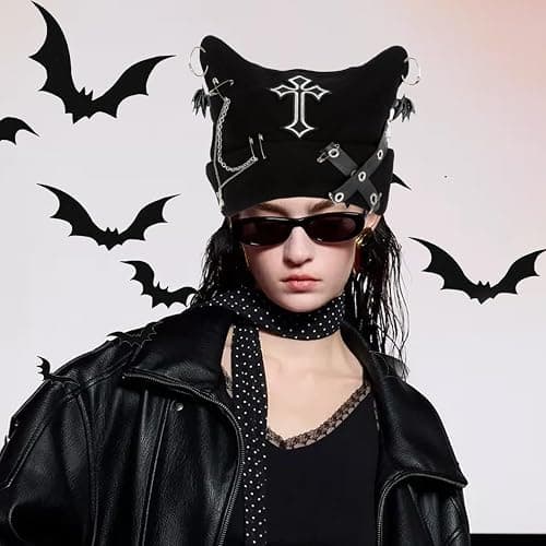 Arogheiz Womens Grunge Beanie Goth Crochet Hat, Y2K Cat Fox Ear Beanie Gothic Accessories Winter Outdoor Streetwear Black thumbnail 4