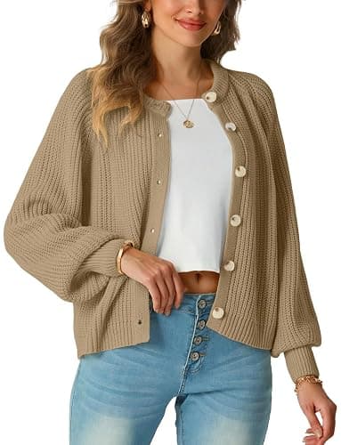 GRECERELLE Women's Chunky Open Front Sweater Long Sleeve Button Knit Short Loose Cardigan Outerwear, S-2XL thumbnail 2