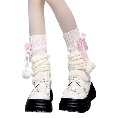 Kajoeiae White Leg Warmers with Bow and Fur Balls, Y2K Rib Knit Boot Socks, Harajuku Cutecore Leg Warmers for Women - Image 1