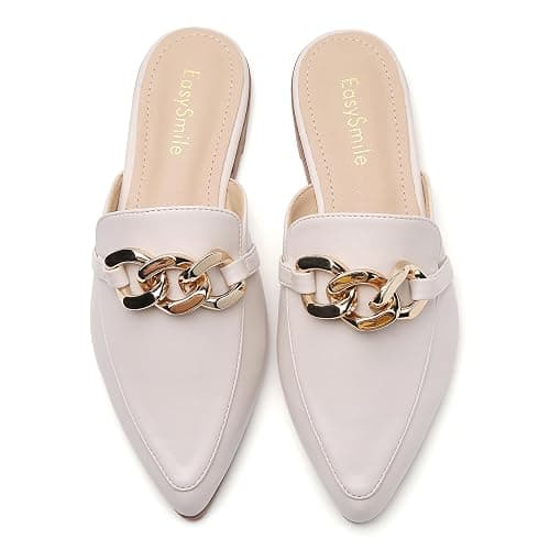 EasySmile Metal Chain Decor Flat Mules for Women Closed Pointed Toe Slip on Loafers Slides Backless Mules Shoes thumbnail 4