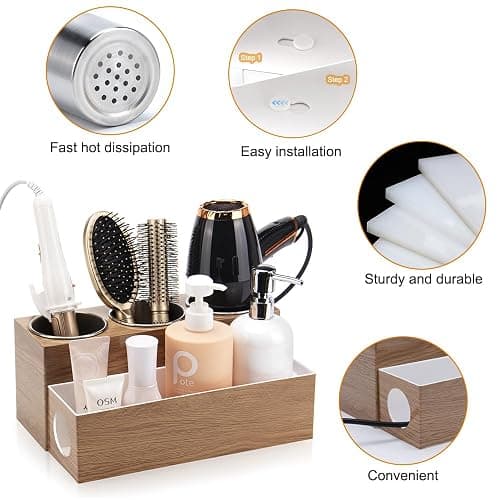 GFWARE Hot Hair Styling Tool Organizer with 3 Stainless Steel Cups, Wood | Hair Accessories Bathroom Vanity Storage, Hair Dryer, Blow Dryer, Curling Iron, Flat Iron, Hot Tools Cooling, Wood-Look thumbnail 7