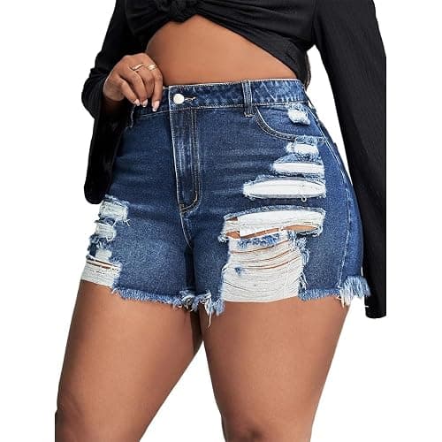 MapleHub Plus Size Denim Shorts Women High Waisted Ripped Folded Hem Jean Shorts thumbnail 5