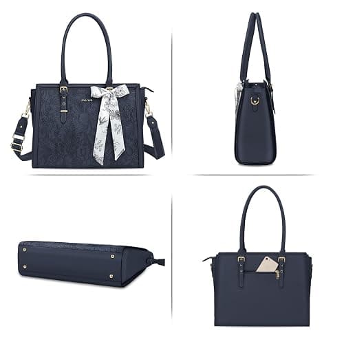MOSISO Laptop Bag for Women, 17-17.3 inch PU Leather Tote Bag Compatible with MacBook, HP, Dell, Asus Notebook, Front Embossed Retro Hibiscus Computer Bags with Silk Scarf&Clutch Purse, Haze Blue thumbnail 6