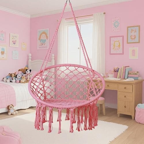Goutime Hammock Chair, Macrame Hanging Swing Chairs with Hardware Kit,Adult Boho Swings for Outside,Patio,Balcony,Bedroom (Pink (Pillows are not Included)) thumbnail 6