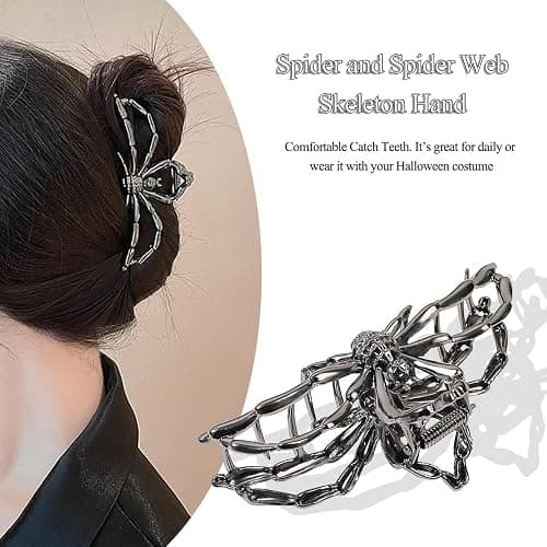 3PCS Black Spider Web Skeleton Hand Skull Hair Claw Clips for Women And Girls, Hiphop Metal Large Medium Size for Thick Thin Hair, Headband Barrette for styling Hair Accessories Party Gift (Black Gun) thumbnail 5