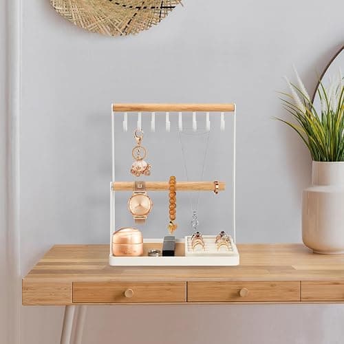 Jewelry Stand with Velvet Ring Holder, 3 Tier Necklace Hanging Wooden Ring Organizer Earring Tray, 8 Hooks Storage Necklaces, Bracelets, Rings and Watches on Desk Tabletop -White thumbnail 2