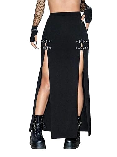 MATSUMIZUYU Black Punk Gothic Rave Maxi Skirts with Double Buckle Split for Women Long Goth High Waist Club Party Slit Skirt - Image 1