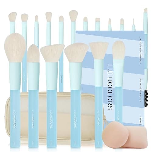 LULUCOLORS 18-Piece Light Blue Professional Makeup Brush Set – Translucent Rubberized Handles, Soft Synthetic Bristles for Face & Eye Makeup – Includes Travel Bag & Sponges,Complete Brush Collection - Image 1