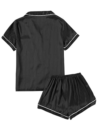 LYANER Women's Striped Silky Satin Pajamas Short Sleeve Top with Shorts Sleepwear PJ Set - X-Small - Black#2 thumbnail 2