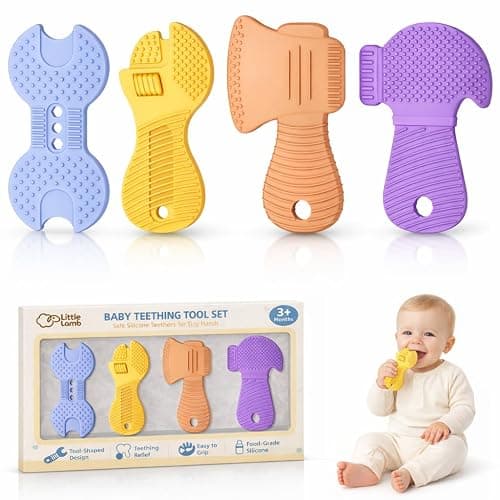 Baby Tool Teether Set, 4 Pack Silicone Textured Teething Toys for Boys 3–12 Months, Wrench Screwdriver Hammer Axe Chew Toys for Teething Relief, Newborn Infant & Toddler Baby Stuff - Image 1