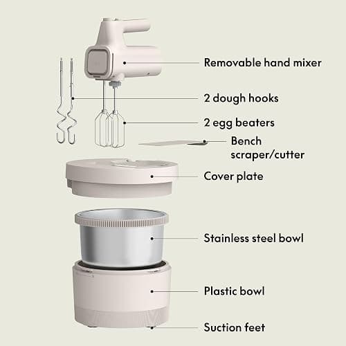bella 3.5 Qt Hand & Stand Mixer, 2 in 1 Electric Mixer with Bowl, Dough Hook, Whisk & Egg Beater, Multifunctional Handheld Mixer for Baking, 200 Watt, Oatmilk thumbnail 3