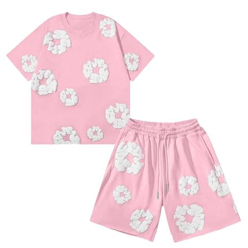 Generisch Jogginganzug Herren T-Shirt und Shorts Set 2 Teiliges Sommer Trainingsanzug Y2K Hip Hop Streetwear Kurzarm T-Shirts und Kurze Hose, Zweiteiler Herren Damen Blumen Motiv Outfits Sportanzug - Image 1