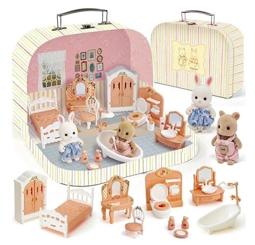 TUZT Suitcase Dollhouse Furniture Set for Kids, Mini Dollhouse Box with 2 Flexible Dolls and Bedroom&Bathroom Furnitures, Pretend Play Accessories Christmas Birthday Gift for Toddlers Ages 3+ - Image 1