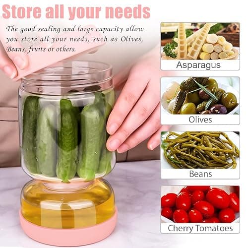 Homnoble Pickle and Olive Hourglass Jar with Strainer Flip for Juice Separator from Wet and Dry, Upgrade Food-grade ABS Lid and BPA Free Hourglass Pickle Jar for Airtight Food Storage, Pink thumbnail 4