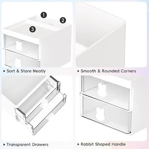 DRQ Desk Organizer with 2 Drawers, Multi-Functional Pencil Pen Holder for Desk Storage with 3 Compartments, Mini Cute Desk Accessories and Organizers for School Home Office Supplies (White) - White thumbnail 5