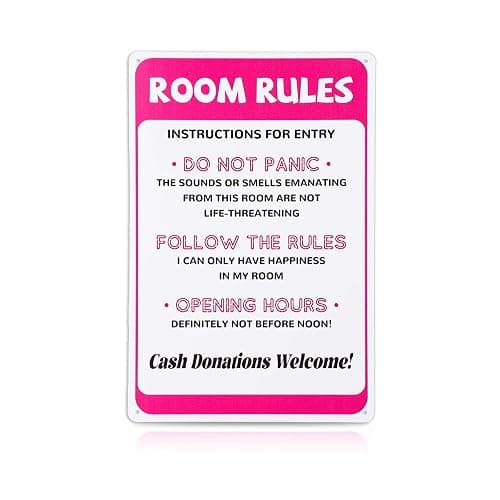 Room Rules Sign for Teen Girls, Funny Pink Bedroom Decor Cute Gaming Room Door Decor Metal Tin Signs for Teen girls Room Dorm Wall Accessories 12x8 Inch - Image 1