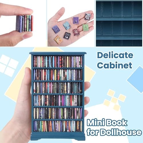 DIYDEC Mini Bookshelf with 180pcs Mini Books Miniature Blue Bookshelf Ornament Tiny Small Library Decor Shake Away Your Anxiety for Book Lovers Gift Home Room Office thumbnail 4