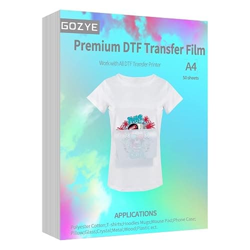 GOZYE Premium DTF Transfer Film - 50 Sheets A4 Matte PET Heat Transfer Paper for Direct-to-Film Printing on T-Shirts Textile- Size: A4 (8.3" x 11.7") - Image 1