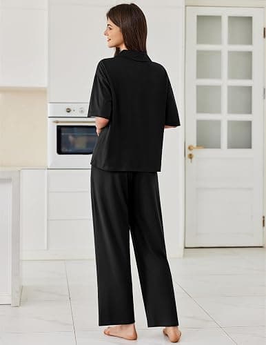 Ekouaer Women Pajamas Set Button Down Sleepwear Short Sleeve Pjs Soft Comfy Nightwear with Long Pants S-XXL thumbnail 2