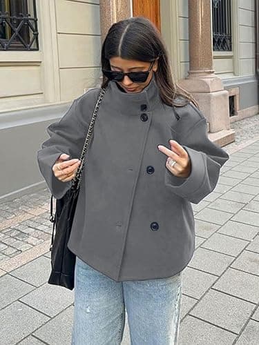 CHARTOU Women Crop Pea Coat Wool Blend Winter Loose Casual Short Jacket Outwear thumbnail 3