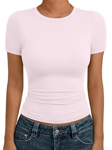 AUTOMET Women's Crew Neck Short Sleeve Basic Stretchy Tight Fitted T-Shirt - Image 1