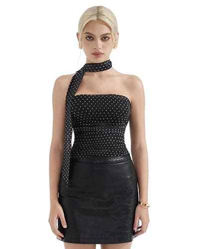 SUUKSESS Women Ruched Strapless Mesh Tube Top Y2k Sleeveless Bandeau Tank Tops with Scarf 2025 thumbnail 2