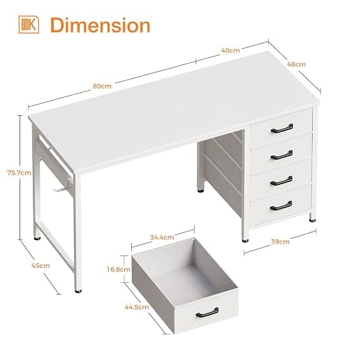ODK Computer Desk with Drawers, 120 x 48 cm Office Desk with Storage & Headphone for Small Spaces, Reversible Small Study Table for Home Office, White thumbnail 3