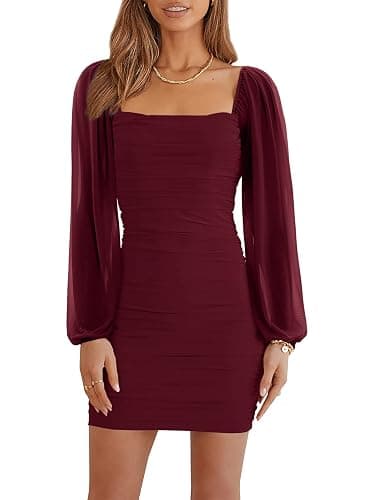 Wenrine Women's Mesh Long Sleeve Square Neck Ruched Party Club Cocktail Bodycon Mini Dress - Image 1