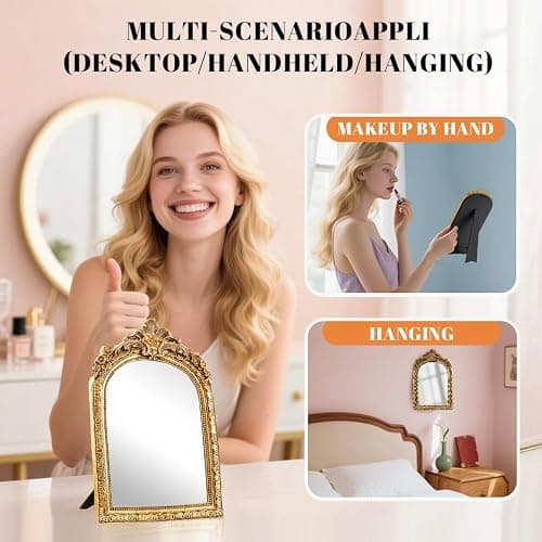 YUSONG Vintage Makeup Mirror for Tabletop - 8" Antique Gold Arched Desk Mirrors with Resin Frame Vanity Table Mirror for Bedroom Living Room Retro Decor thumbnail 5