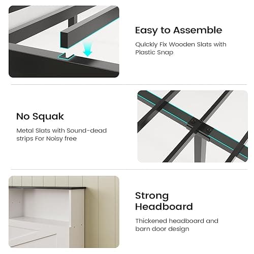 AOGLLATI Farmhouse Queen Bed Frame with 4 Storage Drawers and Led Lights, Wooden Bed Frame Queen Size with Hidden Space Bookcase Headboard and Led Lights & Metal Slats, White thumbnail 8