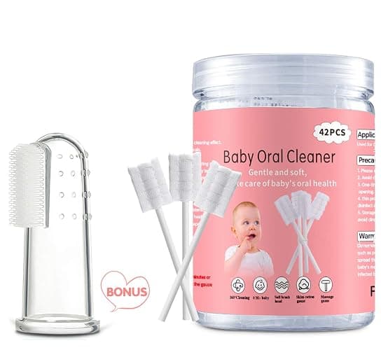 EASICUTI Baby Tongue Cleaner, 42Pcs Disposable Infant Toothbrush, Gauze Gum Cleaner Baby Oral Cleaning Stick Dental Care for 0-36 Months + Free 1 Finger Toothbrush - Image 1