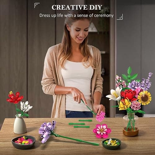 HOGOKIDS Flower Bouquet Set for Adults - 1461PCS Artificial Flowers Botanical Collection | 18 Sticks Ideas Decorative Home Plant Bouquet | Creative DIY Building Block Gift for Teens Girls Ages 8+ thumbnail 2