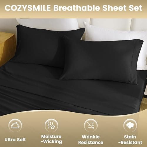 CozySmile Twin XL Sheet Set - 3 Piece Silky Soft Breathable Bed Sheet & Pillowcase Set, 16" Deep Pocket Hotel Luxury Wrinkle Free Easy Care Bedding Sheets, Black thumbnail 6