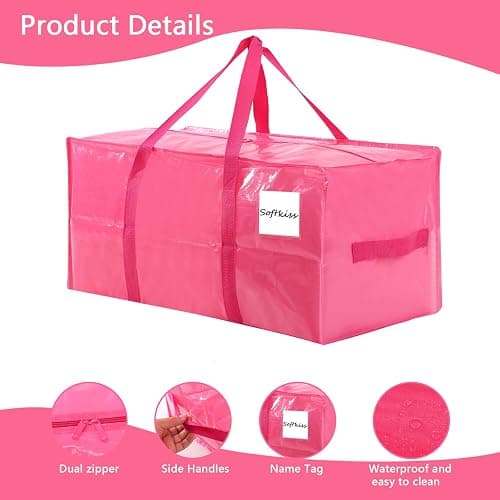 Extra Large Moving Bags with Strong Zippers and Handles Moving Supplies with lids, 2 Pack Heavy Duty Totes for Storage Bags for Space Saving, Fold Flat, Moving and Storing (Pink, 2 Packs) - 2 Packs - Pink thumbnail 4